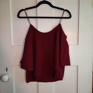 PAPER CRANE Dark Red/Maroon Spaghetti Strap Relaxed Fit Ruffle Camisole SMALL